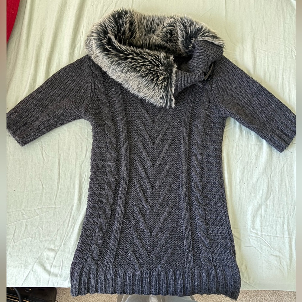 Say What? Charcoal Cable Knit Sweater with Faux Fur Collar